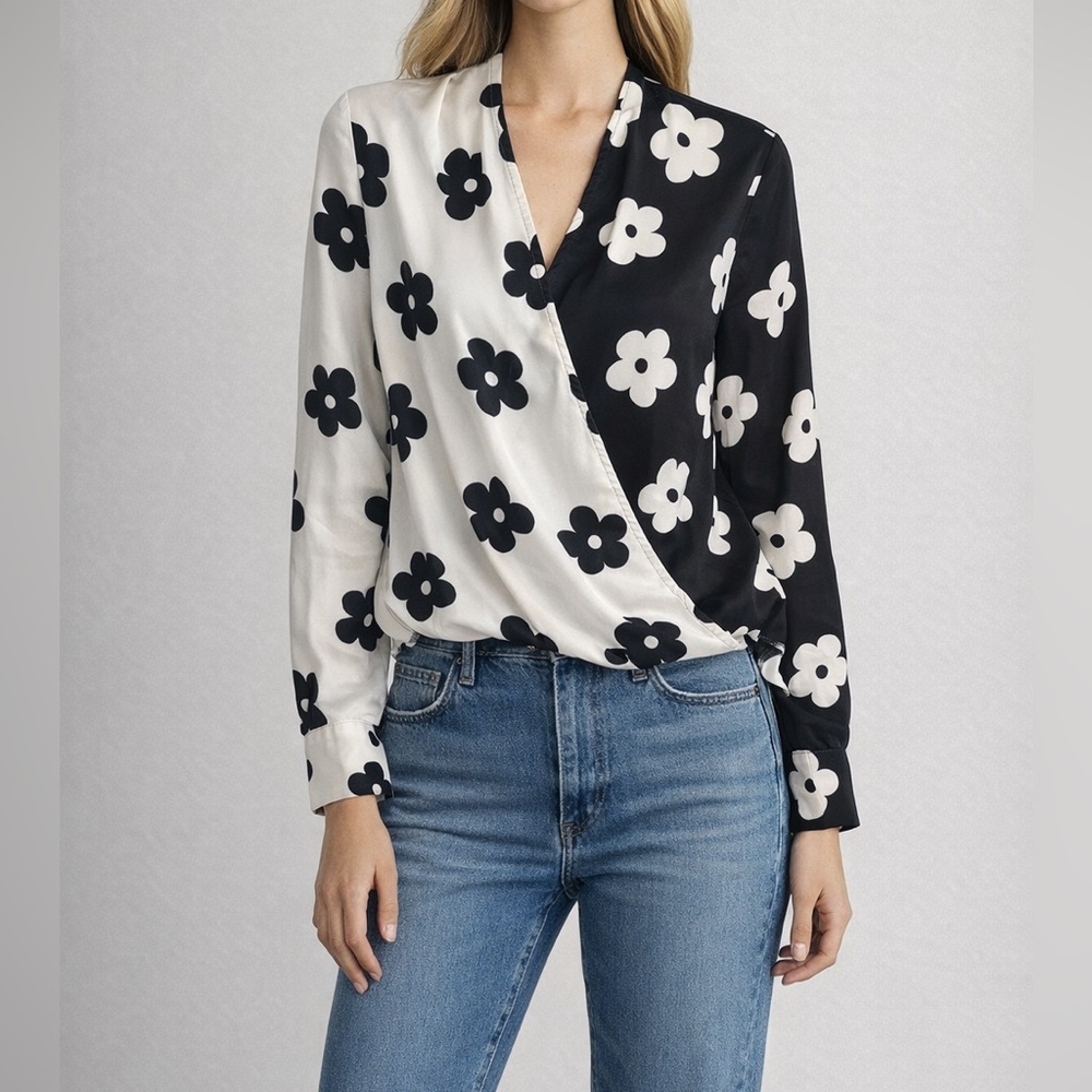 Floral Faux Wrap Blouse in Black and White